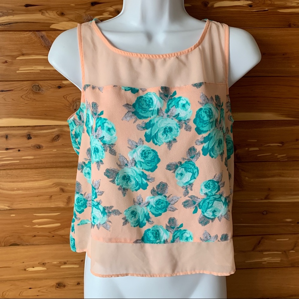 Xhilaration Tank Top Pink Blue Rose Floral Print Shirt Blouse Mesh Size Small